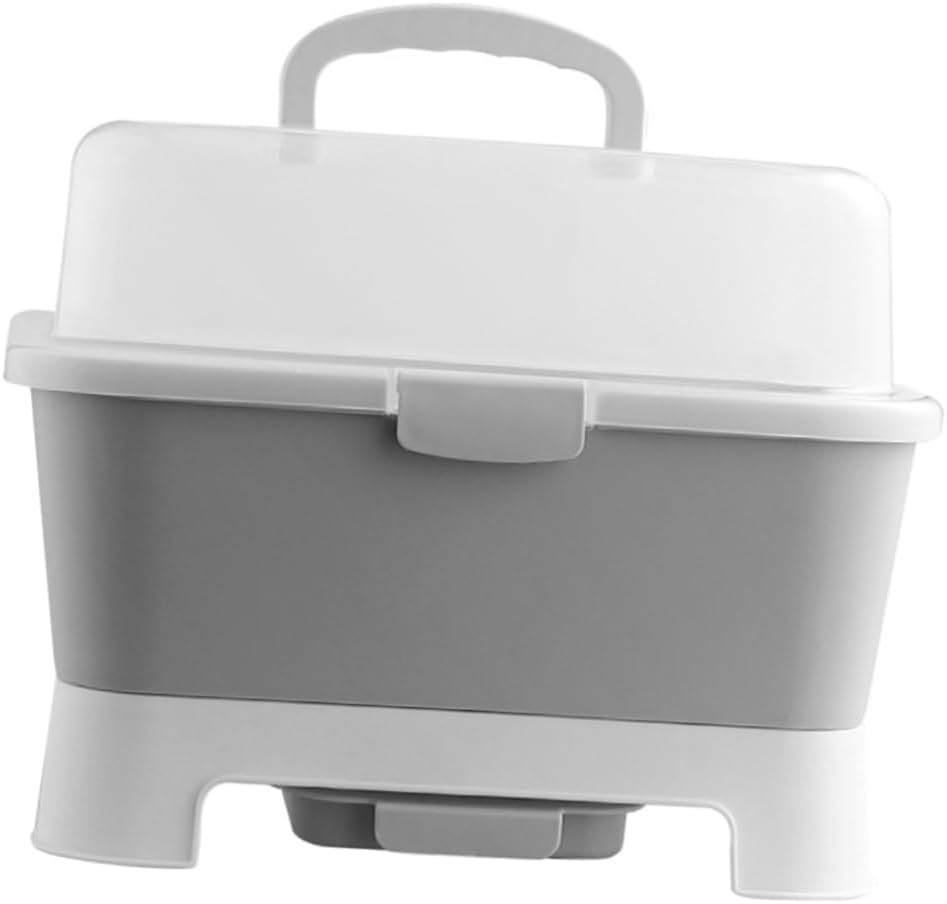 Draining Utensil Organizer Kitchen Bowl Storage Box Holder with Cover Countertop Rack (Grey)