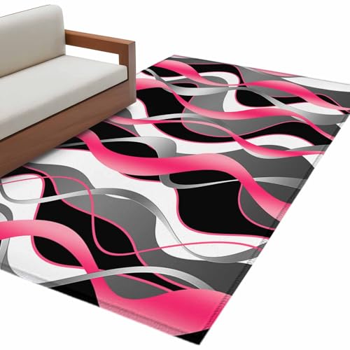 Pink Gray Stripes Washable Area Rug 4x6ft Abstract Art Modern