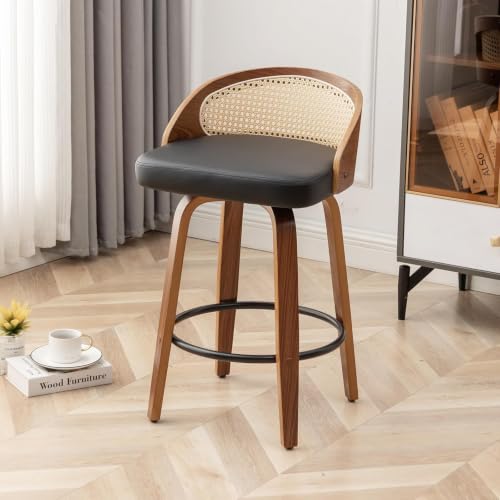 Image of Swivel Rattan Bar Stools Set of 2 with Back,Black Leather barstool chairs