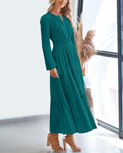 BTFBM Fall Dresses for Women 2025 Casual Long Sleeve V Neck Elastic Waist Lightweight Maxi Wedding Guest Dress Pockets