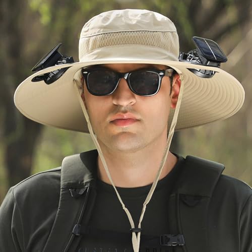 Image of Fishing Hats with Sunglasses, Wide Brim Sun Hat with 2 Solar Fan, USB & Solar Powered Fishing Hats, Solar Fan Hats UPF 50+