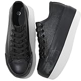 Rominz Womens White Platform Sneakers PU Leather Platform Shoes Classic Black Low Top Sneakers Casual Walking Shoes for Women(All Black,US8)