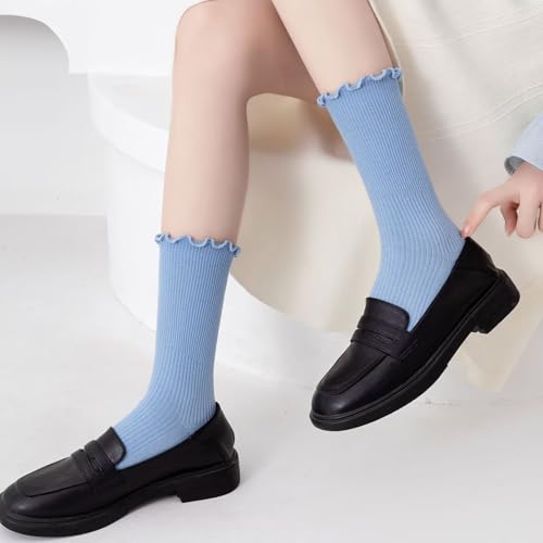 Womens Ruffle Socks Fashion Breathable Solid Color Turn-Cuff Cute Girls Ankle Socks 3 Pairs3