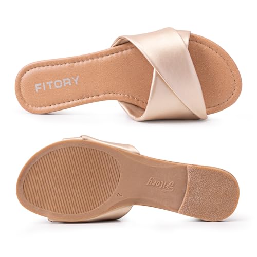 Image of FITORY Women's Flat Sandals Fashion Slides With Soft Leather Slippers for Summer Size 6-11