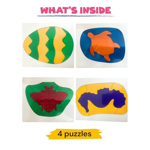 Image of Set of 4 Jigsaw Puzzle (9 Pieces Each) | Seahorse, Butterfly, Turtle & Egg Design | Puzzle for Kids 2+ Years | Colorful Wooden Puzzle for Toddlers & Preschoolers | Brain Teaser Toy
