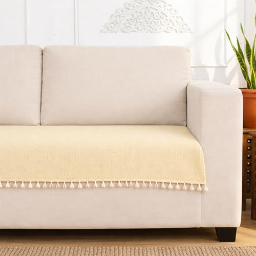 Image of HOMEMONDE 2 Seater Sofa Cover with Tassels |Soft, Durable & Textured Chenille Fabric with Tassels | Sofa Cover Mats for Living Room, Bedroom, Drawing Room & Office (76 X 122 CM, Beige)