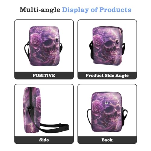 Crossbody Bag 7gothic Skull Purple Rose Flower Messenger Bag for Women Men Purse Shoulder Bag Satchel Bag with Adjustable Strap 214B6014