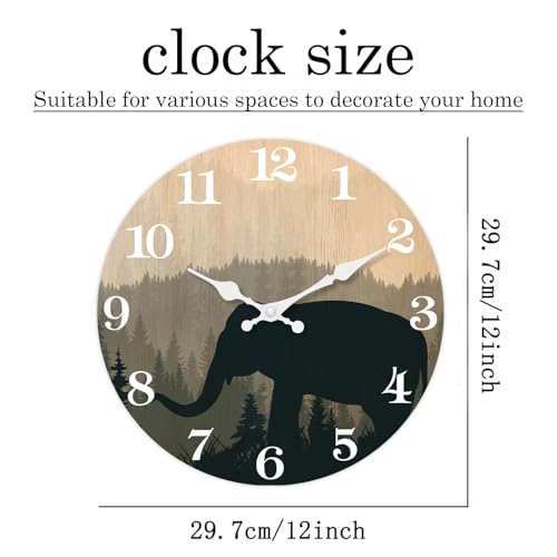 Image of XFM Vintage Elephant Wall Clock 12 Inch Silent | Battery Operated, Farmhouse Wooden Clock, Decorative for Kitchen Cabin Lodge Bedroom