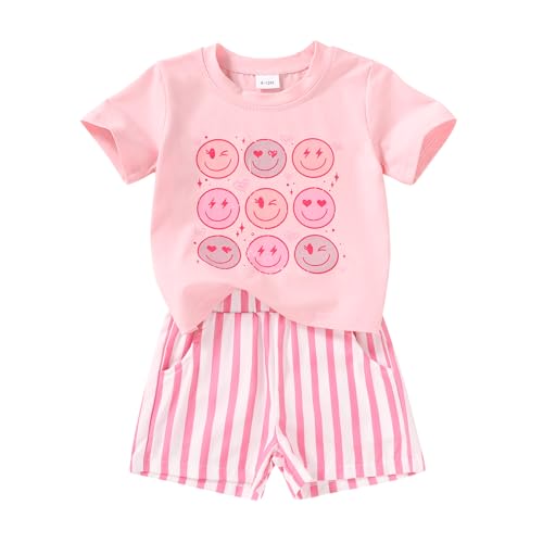 SEVEN YOUNG Toddler Baby Girls Summer Outfits Smiley Face Short Sleeve T-Shirt + Shorts Set Cute 2Pcs Clothes 6M-5T(Candy Stripe Dream,3-4T)
