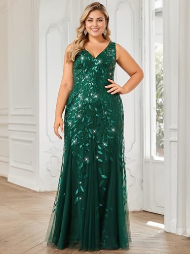 Image of Ever-Pretty Plus Sequin Formal Dresses Sleeveless V Neck Mermaid Ball Gowns Plus Size Prom Dress