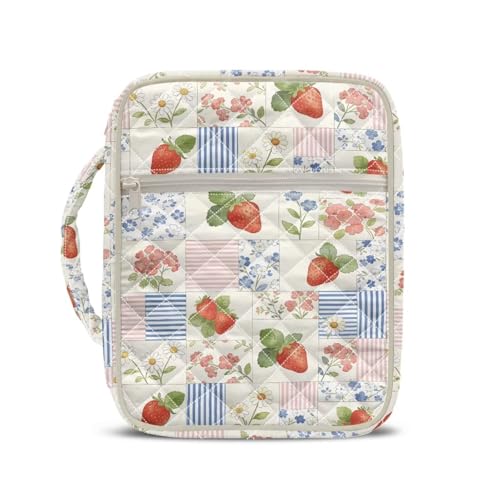 COEQINE Borsa tote da donna con motivo floreale e fragola, rosa, trapuntata, grande, copertina per libri in brossura, regolabile, in panno morbido, protezione per romanzi, 27 x 21 x 5,5 cm