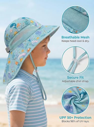 Image of icolor Kids Sun Hat UPF50+ Sun Protection Bucket Hat Toddler Summer Beach Play Hats with Neck Flap for Girl Boy Ages 3~10