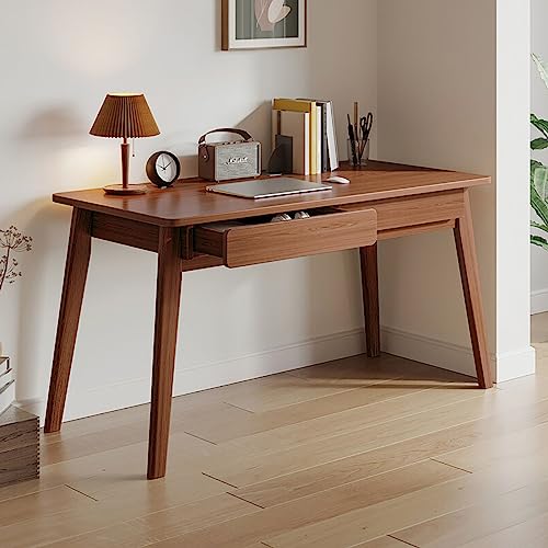 Moderno escritorio para ordenador con 2 cajones, patas de madera maciza, mesa de estudio que ahorra espacio, estación de trabajo ideal para espacios pequeños (120 x 55 x 75 cm), acabado en nogal