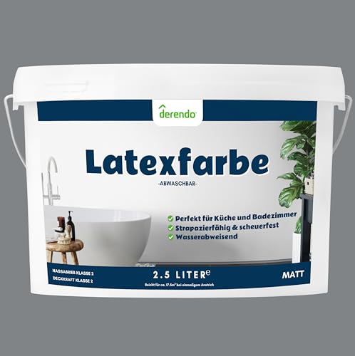 derendo Latexfarbe grau asphaltgrau matt abwaschbar 2.5 Liter für Innen Küche Badezimmer streichen graue Wandfarbe hohe deckkraft 2,5L