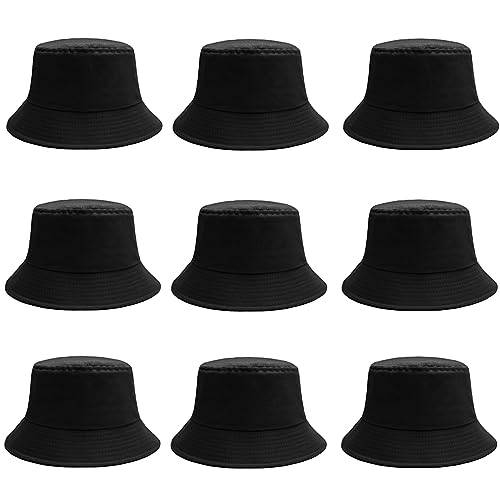 9 Pieces Bucket Hat For Women Men, Reversible Cotton Summer Sun Beach Cap Solid Color Style (Black) #TOP12
