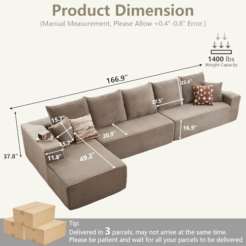 Image of 166.9 inch Cloud Sectional Couch with L-Shape Chaise, Modern Modular Comfy Sofa Chaise Longue, Upholstered Corduroy Couches Sleeper with Deep Seat for Living Room Bedroom, No Assembly Required, Camel