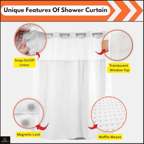 Image of Qlarity Covers Hookless Bathroom Shower Curtain with Waffle Fabric Snap-in Liner | Water Repellent & Machine Washable Magnetic Lock Curtain | (Whit, 6.1 x 5.9ft)
