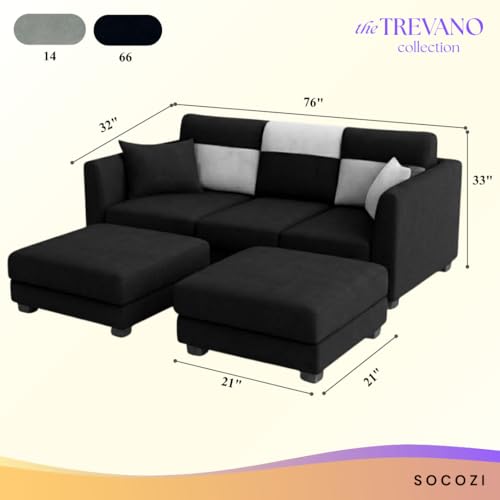 Image of SOCOZI Evanto 5 Seater L Shape Sofa Set with 2 Movable Ottomans | Flexible Layout| Soft Velvet Suede Fabric|Modern Sofa | Plush Comfort Cushions for Living Room (Light Grey-Black)