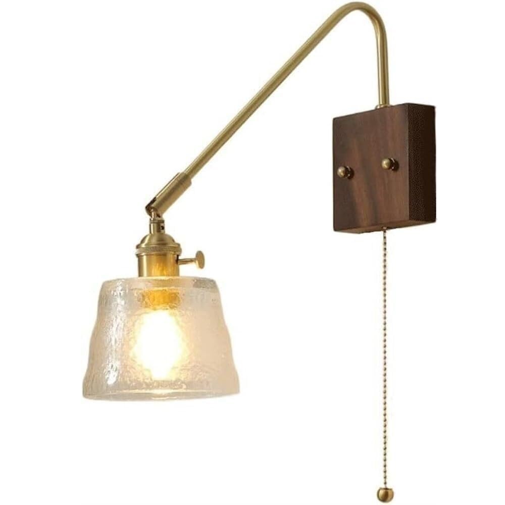 HPTHLY Vintage Glass Swinging Arm Reading Wall Light Rustic Farmhouse Wood Wall Sconce With Pull Cswitch Japanese Bedside Wall Mounted Lamp For Bedroom Livin