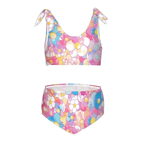 KLL Glass Flowers Texture Stained Girls Two Piece Bikini Set Scoop Neck Swimsuit Swimwear Cute Shoulder Strap