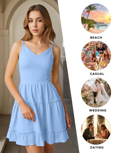 Image of FANCYINN Women Floral Casual Tiered Mini Dresses Spaghetti Strap V Neck Backless A Line Swing Short Dress with Pockets