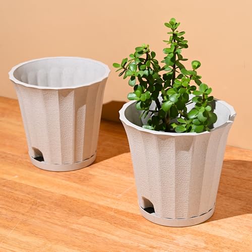 Image of Eha Earth Friendly Ace 7 inch Small Self Watering Pots for Indoor Plants | Set of 2 | Plant Pot Made with Bamboo Fibers | Table Top Planters for Home Decor, Flower Pot for Living Room | Sand Castle