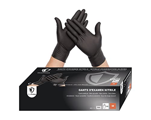 OneProtek Gants jetables noir en nitrile - Boîte de 100 Gants Nitrile - Taille M (Moyenne) - Sans latex - Résistants et Multi-usages - Protection contre les produits chimiques