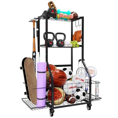 Sports Equipment Organizer, Outdoor Toy Storage Garage Organization - Ball Storage Racks with 2 Side Racks & Durable Baskets, Garage Rolling Ball Cart with Wheels, Hooks for Sports Gear, Bats