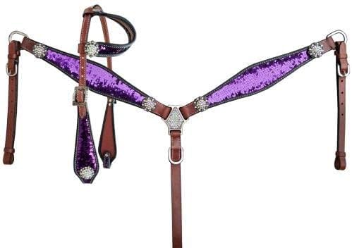 Purple & Silver Sequins Inlay Leather Headstall & Breast Collar Set