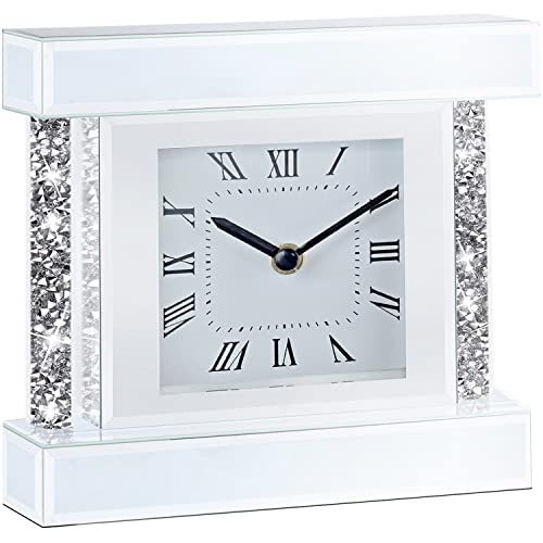 Wocred Mirrored Wall Clock With Column.silent Non Ticking Crystal Crushed Diamond Desk Clock. Luxurious Wall Decor Of Bathroom,Living Room And Bedroom,Hanging Hardware Not Included(8”X8”X2.5”) #TOP3