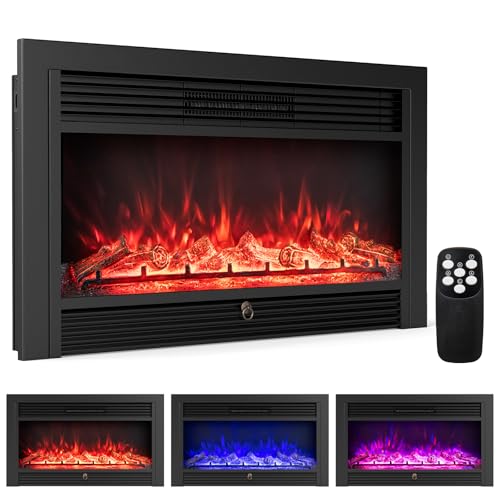 TANGZON Recessed Electric Fireplace, Wall Mounted Freestanding Fire Heater with Flame Colors, Brightness, Remote Control & Thermostat
