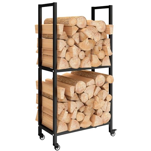 Outsunny soporte para leña para interior acero 60 x 30 x 119cm 2 niveles soporte para leña con ruedas, soporte elevado para leña para chimenea estufa de leña soporte para leña, apilable, negro