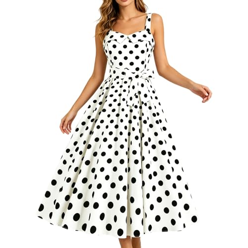 Bauzuoyo Vestido de fiesta para mujer, elegante, para bodas, años 50, vintage, vestido de cóctel, sin mangas, lunares, festivo, rockabilly, vestido de verano entallado, vestido de noche retro, Blanco