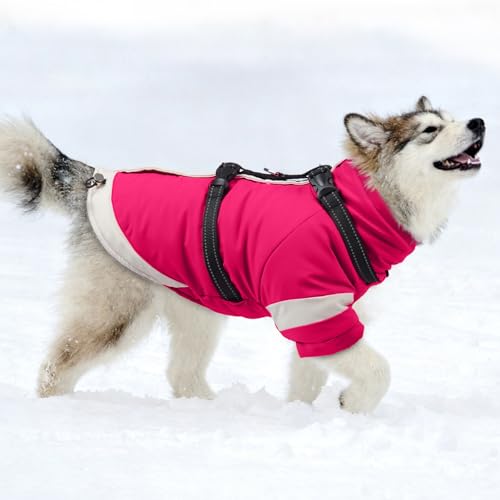 Image of MIGOHI Snowproof Dog Jacket with Harness in a Chilly Day,S,Rosered | Reflective Small Dog Coat with Sleeves Waterproof Fleece Winter Puffer Jacket for Dogs,Turtleneck Puppy Coats for Outdoor