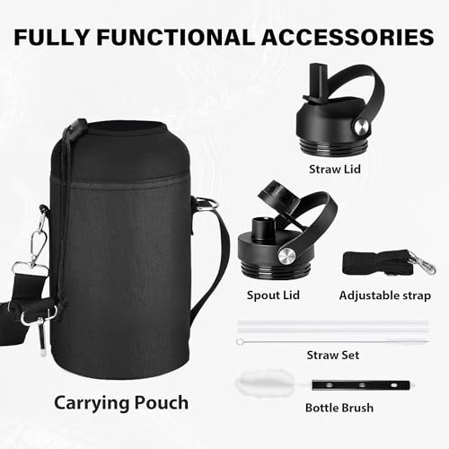 Image of Insulated Water Bottle 64 oz, Triple Wall Vacuum Stainless Steel Water Bottles(Cold for 48 Hrs), Leak Proof & Non-BPA, Half Gallon Water Flask Jug with Straw Spout Lids for Gym, Sports, Camping