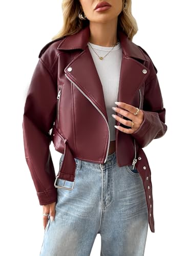 LY VAREY LIN Women Faux Leather Cropped Jacket Vegan Motor Biker Coat with Belt
