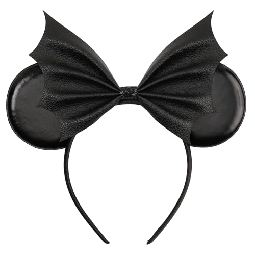 zhezesmila Black Mouse Ears Headband for Women Girls with Bat Bow - PU Ears Hairband for Halloween Costume Masquerade Party