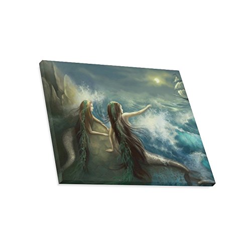 Interestprint Abstract Hunting Two Mermaids In Stormy Ocean Canvas Prints Wall Art Wood Framed Modern Home Decor, 20 X 16 Inches #TOP2