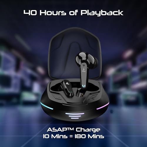 Image of Boat Immortal 181, 40HRS Battery, 4Mics ENx, 40ms Low Latency, RGB Led Lights, Fast Charge, IWP Tech, v5.3 Bluetooth Earbuds, TWS Ear Buds Wireless Earphones with mic, Gaming Earbuds (Black Sabre)