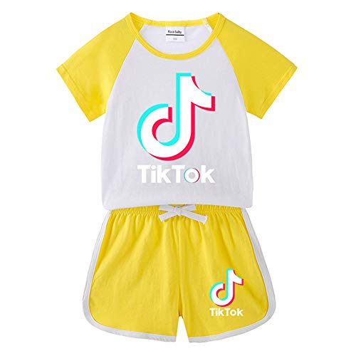Meiju Pigiama Cotone Manica Corta per Bambino Due Pezzi Pigiami Set, Estivo Bambina Ragazzi e Ragazze Stampa TIK Tok Abbigliamento Sportivo Pantaloni Corti + Maglietta (150cm,Yellow)