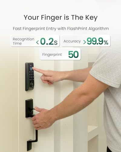 Image of DESLOC WiFi Fingerprint Keypad Door Lock D110 Plus with Handle Set, App | Front Door Lock Set with Fingerprint Unlock, Remote Access, Voice Control, Visual Display, Backlit, IP54, Auto-Lock, Black