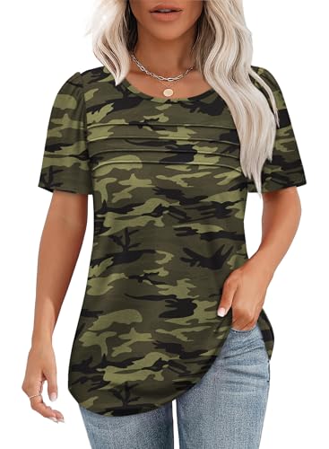 Camo Shirts for Women 4th of July Tops Short Sleeve Summer Tops 2025 Dressy Casual Blouses Pleated Loose Fit Camouflage 2XL