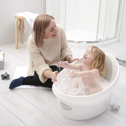 Image of Toddler Bath Tub | Larger Bath for Bigger Kids at Bathtime | Includes Warm and Soft Foam backrest | Grippy Anti-Slip Surface | Includes Easy Drain Bath Plug | White & Grey