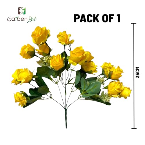 Image of Garden Art Artificial Small Rose Flower Bunch (Pack of 1) | 5 Heads with 15 Flowers & Buds, 35 cm Faux Rose Bouquet for Home Decor, Wedding & Table Decoration (Yellow)