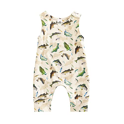 WALLARENEAR Newborn Baby Sleeveless Jumpsuit Dinosaur or Fish Print Short Romper Boys Girls One Piece Summer Outfit