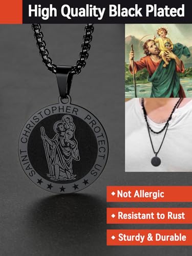 FaithHeart Saint Christophorus Amulett für Herren Damen, Kette mit Schwarzer Runder Anhänger, Amulett in Auto, Bestes Geschenk für Fahrer Reisende