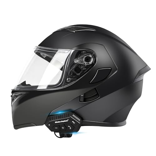 Motorcycle Bluetooth Modular Helmet, DOT FMVSS-218 Approved Flip Up Full Face Motorcycle Dual Visor Helmet, with Dual Speakers and Microphone, for Adults Men and Women (Matte Black, M)