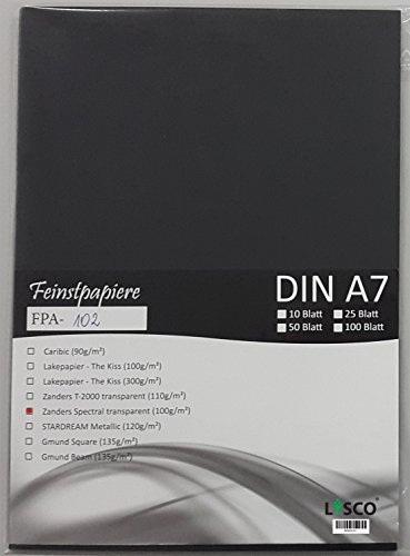 LYSCO® Feinstpapier-Set mit 50 Blatt DIN A7 Transparentpapier Zanders Spectral 100g/m² Farbe schwarz, transparent sehr gute Qualität, mögliche Verwendung: Einladungen, Visitenkarten, Einlegeblätter für Alben, Fotoalben, Gutscheine, Fensterbilder, Bastelarbeiten und vieles mehr