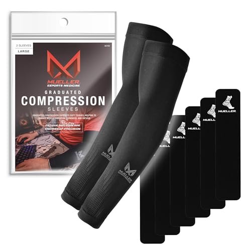 MUELLER Esports Medicine True Graduated Compression Gaming Arm Sleeves for Men and Women, 1 Pair (2 Arm Sleeves), Fits Left and Right Arms, Black
