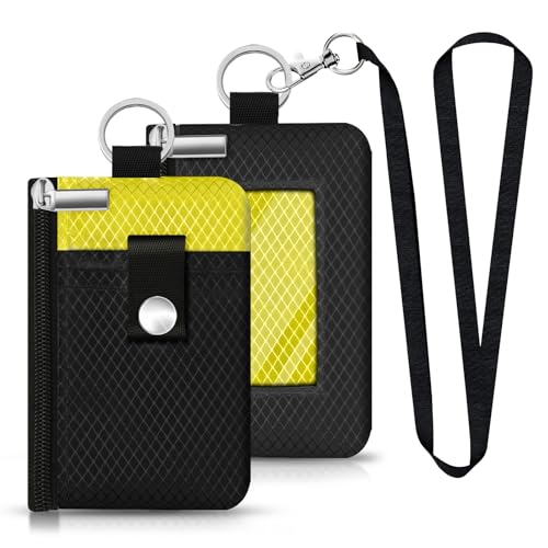 Image of Minimalist RFID Blocking Small Wallet with ID Window,WaterResistant Zip Id Case Wallet with Lanyard Keychain for Cards,Cash,Travel,Women,Men (Black /Lemon Yellow)